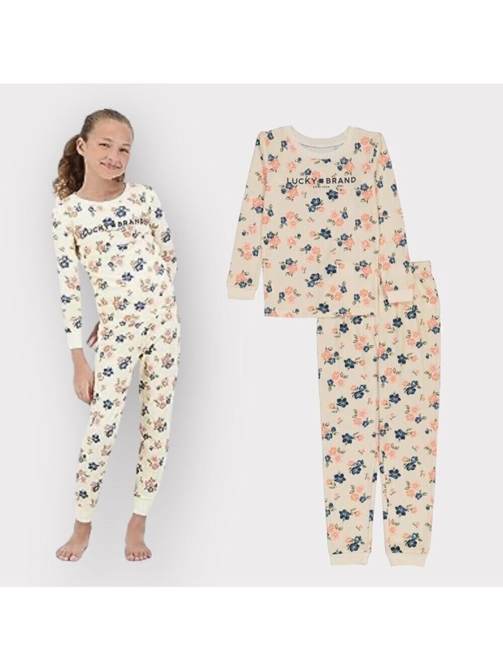 Lucky Brand NEW Long Sleeve Pajama Set Toddler Girls sz 2T NWT Coral Floral Blue